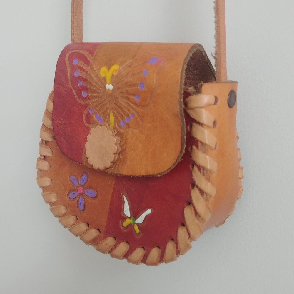 Y2K small leather mini bag red brown painted butterfly frog